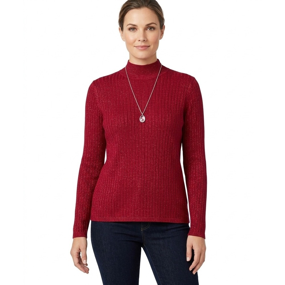 Studio Works Red Metallic Ribbed Mock Neck Silk Blend Sweater Womens L